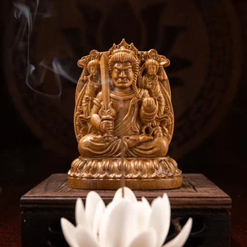 Acala Buddha Statue, Double-sided Fudo Myoo, 9cm W x 12cm H, Green Cypress Wood, Handcrafted Buddhist Art