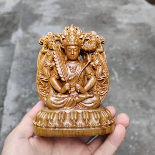 Akasagarbha Bodhisattva Wooden Statue - 4.7" - Double-Sided, Handcrafted