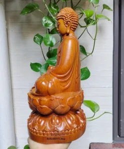 Amitabha Buddha Statue on Lotus - 11.8 Inches - Handcrafted Green Cypress Wood Art