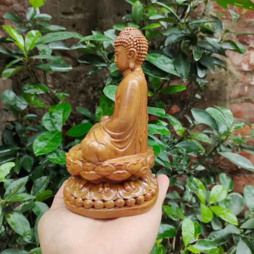 Amitabha Buddha Statue on Lotus - 15cm - Handcrafted Green Cypress