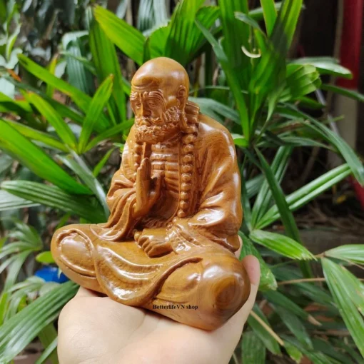 Bodhidharma Buddha Statue - 5.9" Meditation Handmade Wooden Green Cypress Statue