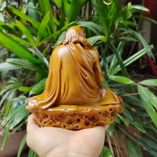 Bodhidharma Buddha Statue, Wooden Alms Meditation Statue, 15 cm, Green Cypress, Handcrafted