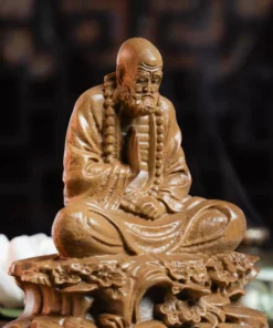 Bodhidharma Statue Buddhist Art Decor - 15cm Cypress Wood Carving for Home and Desk