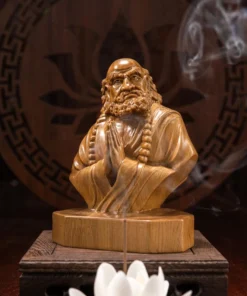 Bodhidharma Statue Sitting in Meditation, 15cm, Green Cypress Wood, Handcrafted Buddhist Art