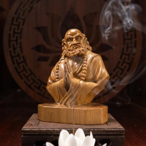 Bodhidharma Statue Sitting in Meditation, 15cm, Green Cypress Wood, Handcrafted Buddhist Art