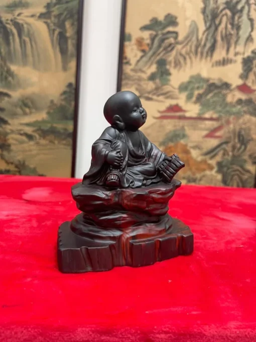 Boy Reading Book Sculpture - 16x16x9 cm Rose Wood Wooden Little Monk Decor