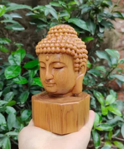 Buddha Head Statue - 15 cm - Green Cypress Wood - Handcrafted Vietnamese Art