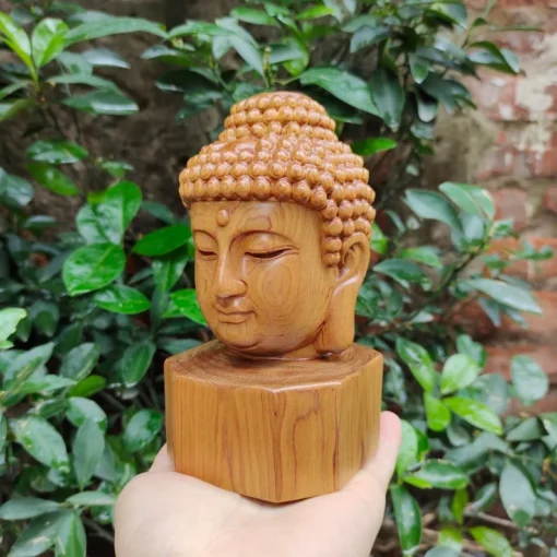 Buddha Head Statue - 15 cm - Green Cypress Wood - Handcrafted Vietnamese Art