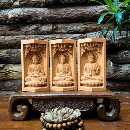 Buddha Statue - Prayer Altar Amitabha Buddha 4'' High Wooden Sculpture