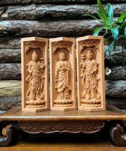 Buddhist Portable Folding Altar - 6'' High Buddha Triptych, Beech Wood Decor