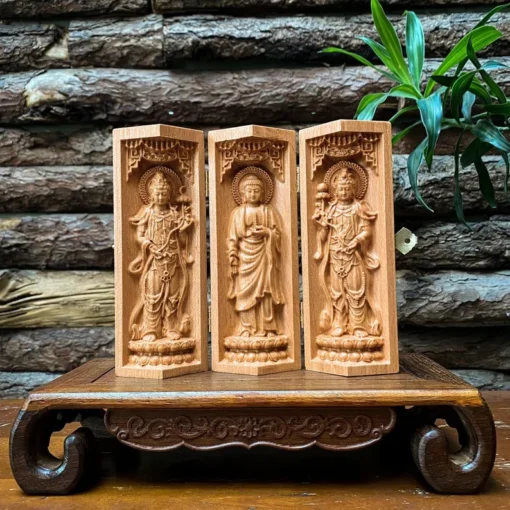 Buddhist Portable Folding Altar - 6'' High Buddha Triptych, Beech Wood Decor