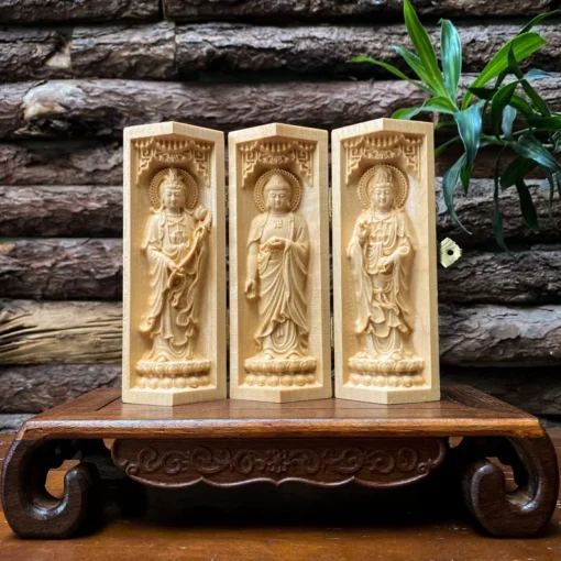 Buddhist Portable Folding Altar, 6" High, Light-Colored Maple Wood Buddha Triptych