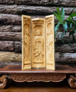 Buddhist Portable Folding Altar - 8" Buddha Triptych - Maple Wood Art Decor