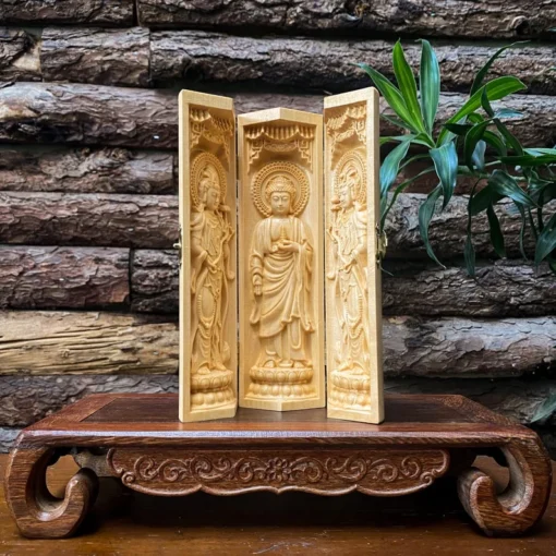 Buddhist Portable Folding Altar - 8" Buddha Triptych - Maple Wood Art Decor