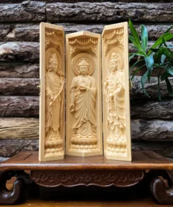 Buddhist Portable Folding Altar, 8'' Buddha Triptych in Maple Wood - Meditation Decor