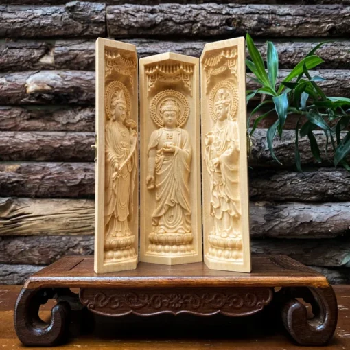 Buddhist Portable Folding Altar, 8'' Buddha Triptych in Maple Wood - Meditation Decor