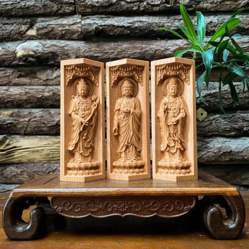 Buddhist Portable Folding Altar - Three Saints of West - 6'' Buddha Triptych, Beech Wood