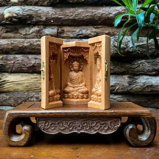 Buddhist Prayer Altar, Ksitigarbha Bodhisattva, 17cm x 10cm, Beech Wood, Handmade Meditation Decor