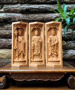 Buddhist Prayer Altar - Ksitigarbha Bodhisattva, Gautama Buddha, Guanyin Buddha, Beech Wood, 15cm H x 17cm W