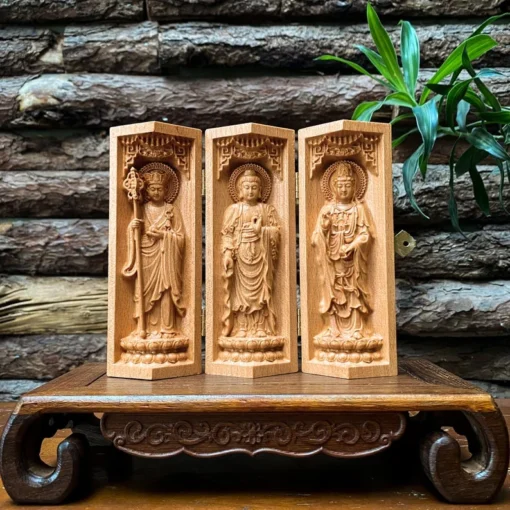 Buddhist Prayer Altar - Ksitigarbha Bodhisattva, Gautama Buddha, Guanyin Buddha, Beech Wood, 15cm H x 17cm W