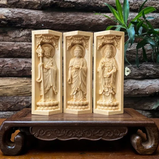 Buddhist Triptych 6" Wooden Altar - Ksitigarbha, Amitabha, Guanyin Buddha