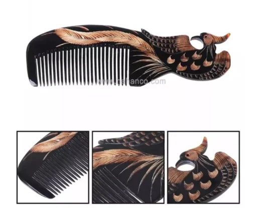 Buffalo Horn Comb, Phoenix Engraved, Handmade Natural Massage Hair Brush, Anti-static, Durable Curly Comb