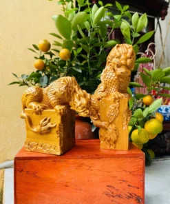 Chinese Solid Wood Dragon Statue - 2 Dragon Seals - Dragon Mark 2024 New Year Gift