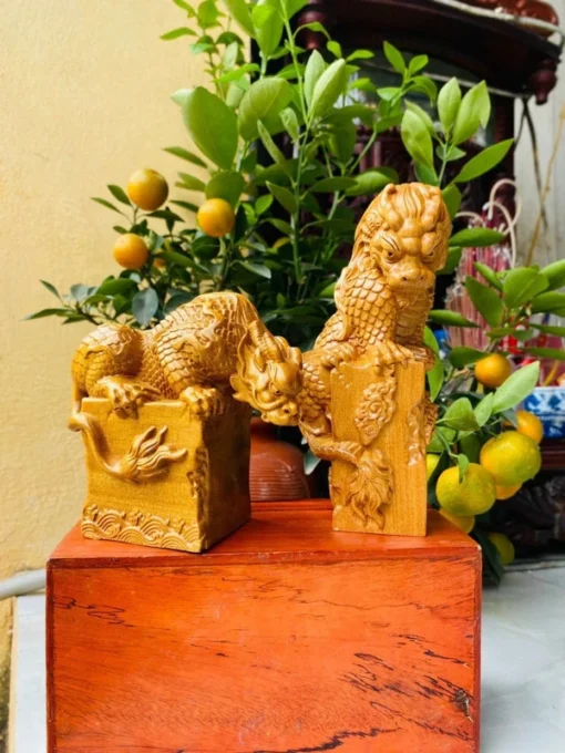 Chinese Solid Wood Dragon Statue - 2 Dragon Seals - Dragon Mark 2024 New Year Gift