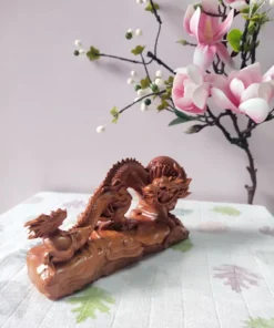 Chinese Solid Wood Office Dragon Statue, Feng Shui Dragon Figurine, Handcrafted from Cypress, 20cm Length, Natural Finish