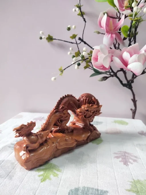 Chinese Solid Wood Office Dragon Statue, Feng Shui Dragon Figurine, Handcrafted from Cypress, 20cm Length, Natural Finish