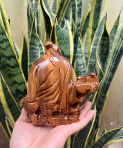 Chinese Tea Master Lu Yu Wooden Statue, 5.5x5.5x3.14 inch, Fragrant Green Cypress Wood