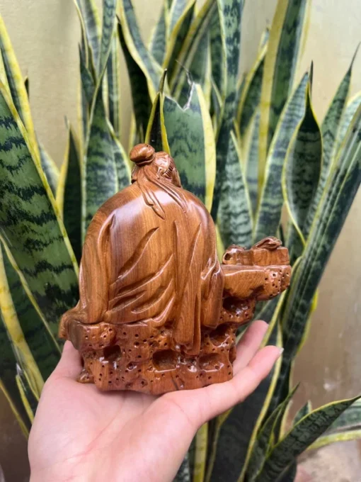 Chinese Tea Master Lu Yu Wooden Statue, 5.5x5.5x3.14 inch, Fragrant Green Cypress Wood