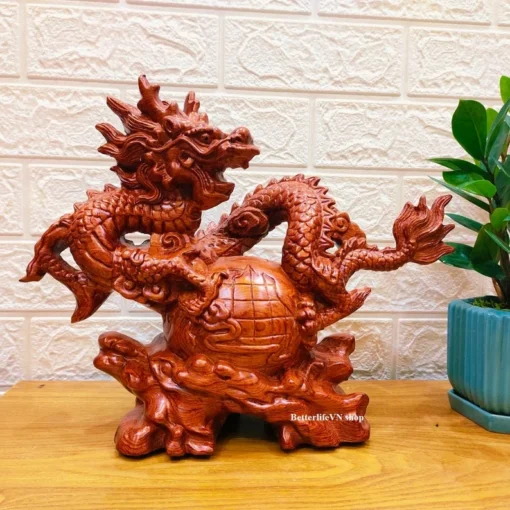 Dragon with Wish-Fulfilling Jewel, Wooden Dragon Statue, 11" H, Padauk Wood, Handcrafted Decor