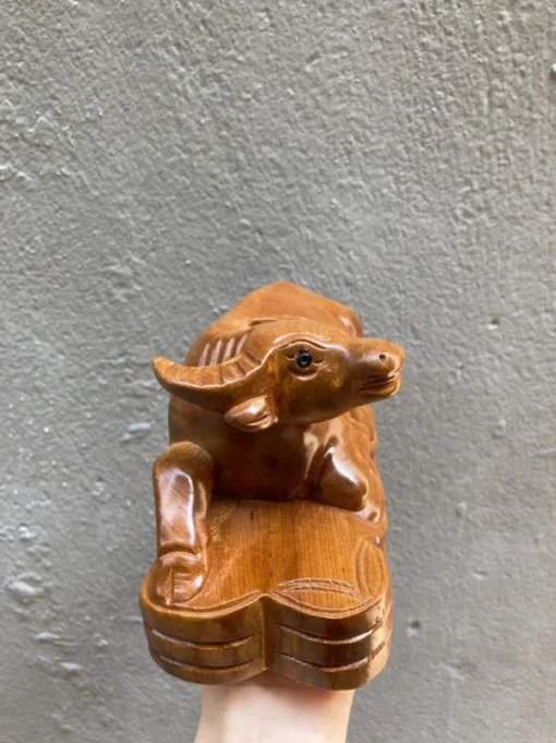 Feng Shui Buffalo Statue, Wooden Buffalo Decor, 3.3" H x 5.9" W, Green Cypress Wood, Handcrafted