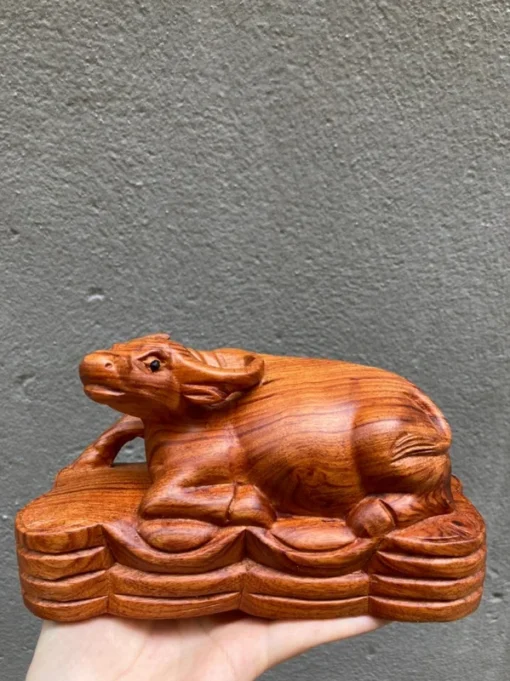 Feng Shui Buffalo Statue, Wooden Buffalo Decor, 3.3" H x 5.9" W, Padauk Wood, Handcrafted