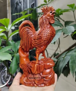 Feng Shui Rooster Statue, Wooden Carved Decor, 7.8