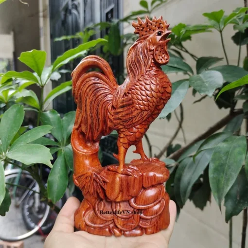 Feng Shui Rooster Statue, Wooden Carved Decor, 7.8" H, Padauk Wood, Handcrafted