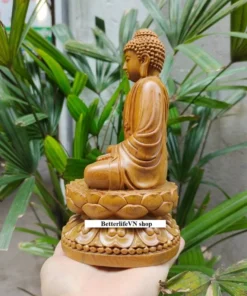 Gautama Buddha Statue - Wooden Shakyamuni Buddha Sitting on Lotus - 20cm Green Cypress