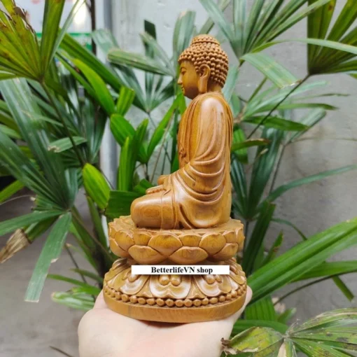 Gautama Buddha Statue - Wooden Shakyamuni Buddha Sitting on Lotus - 20cm Green Cypress