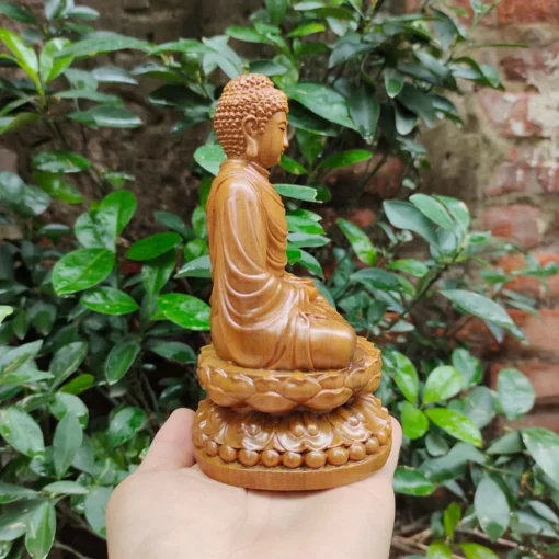 Gautama Buddha Statue on Lotus, 5.9" H, Green Cypress Wood, Hand-Carved Decor