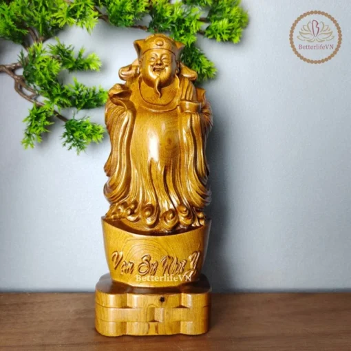 God of Wealth Statue Caishen 7.8" Wooden Fortune Green Cypress Feng Shui