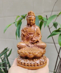 Guan Yin Bodhisattva Statue - 15cm Wooden Buddha Sculpture - Green Cypress