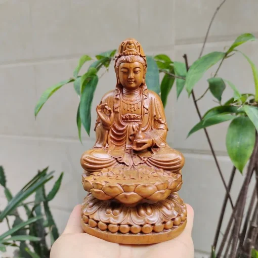 Guan Yin Bodhisattva Statue - 15cm Wooden Buddha Sculpture - Green Cypress