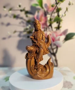 Guan Yin Bodhisattva Statue 20cm Green Cypress Wood Handcrafted