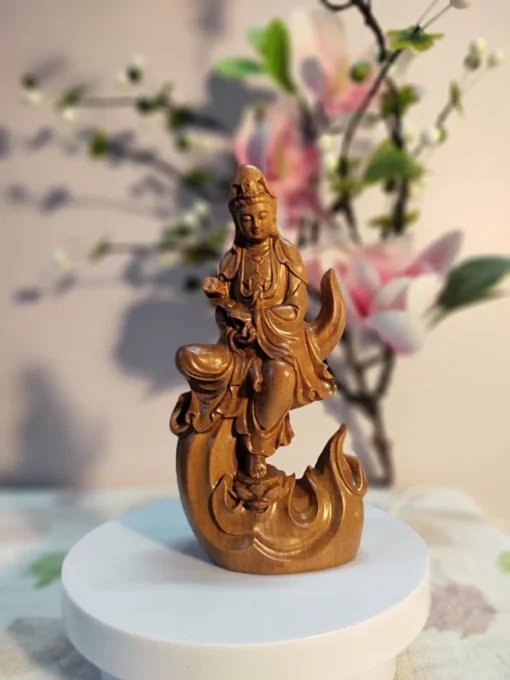 Guan Yin Bodhisattva Statue 20cm Green Cypress Wood Handcrafted