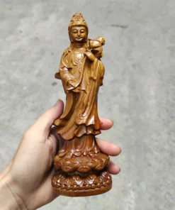 Guan Yin Bodhisattva Statue - 20cm Handcrafted Boxwood - Standing On Lotus