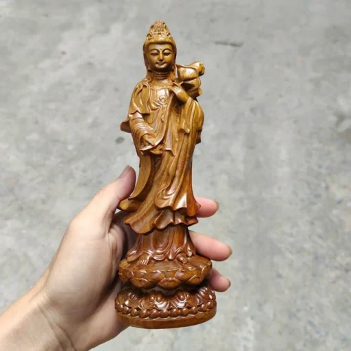 Guan Yin Bodhisattva Statue - 20cm Handcrafted Boxwood - Standing On Lotus