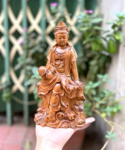 Guan Yin Statue Wooden Boxwood 9x4.7x3.5 Inch Sitting on Lotus