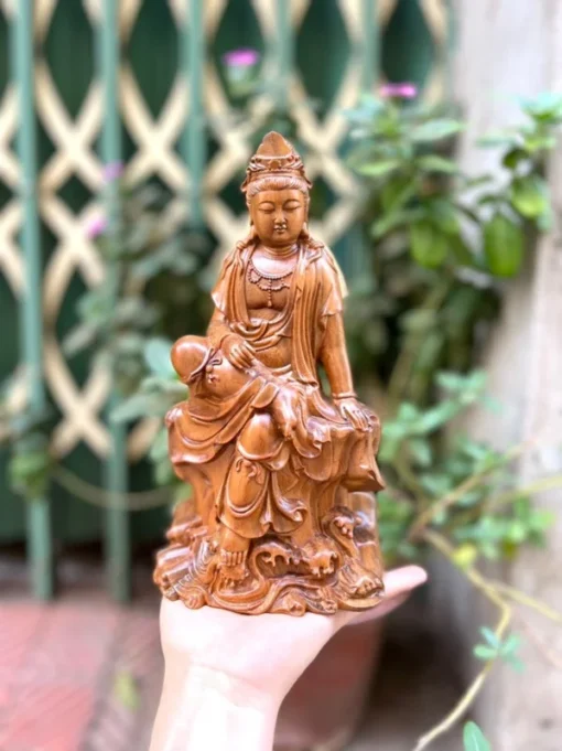 Guan Yin Statue Wooden Boxwood 9x4.7x3.5 Inch Sitting on Lotus