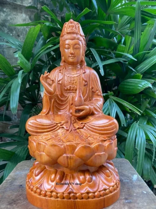 Guanyin Buddha Statue - 11.8" Padauk Wood - Lotus Pose - Feng Shui Home Decor